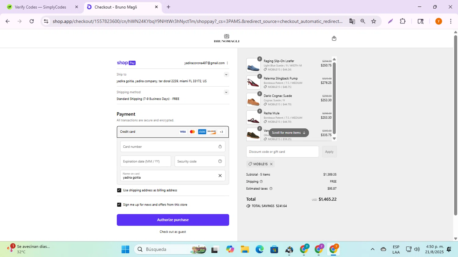 Bruno Magli discount code screenshot showing code MOBILE15 applied at Bruno Magli checkout page. Uploaded by SimplyCodes community member ycg487 on Aug 21, 2025