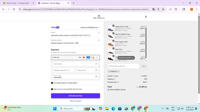 Bruno Magli checkout page showing Bruno Magli discount code box | Screenshot taken by SimplyCodes community member on Aug 21, 2025