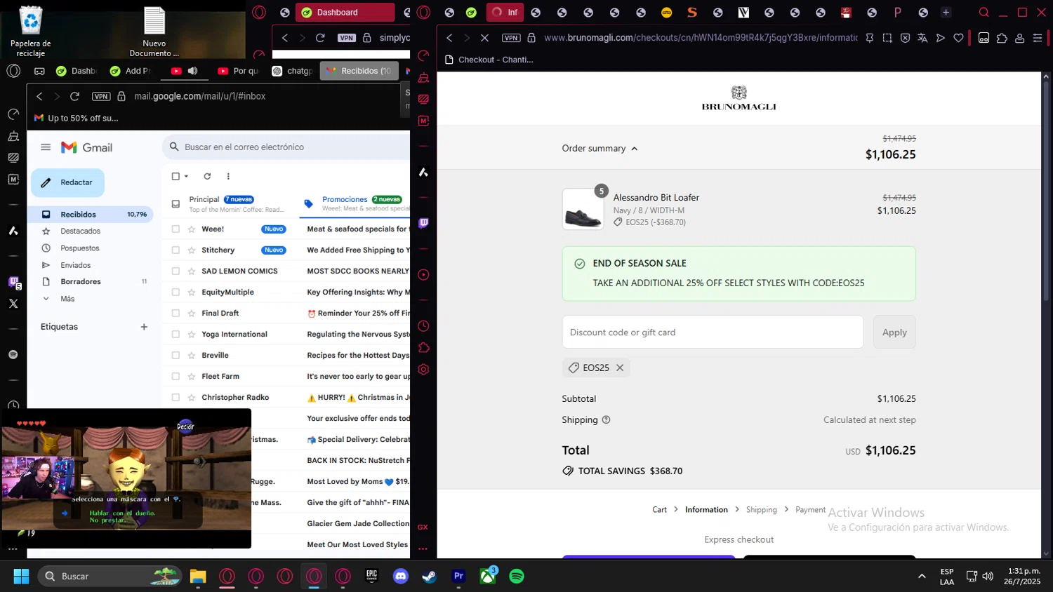 Bruno Magli discount code screenshot showing code EOS25 applied at Bruno Magli checkout page. Uploaded by SimplyCodes community member Halanweik on Jul 26, 2025
