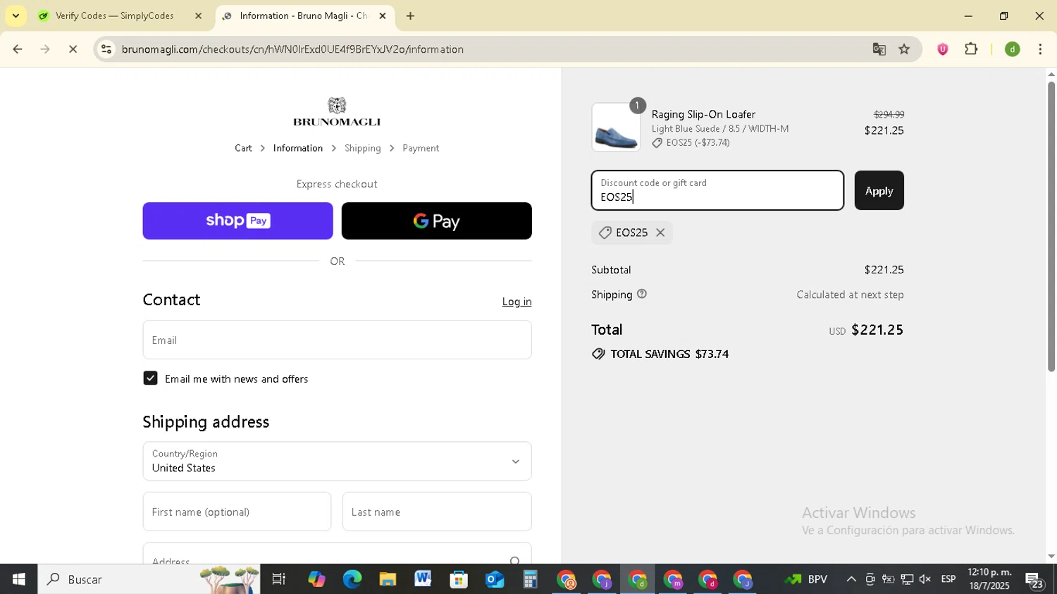 Bruno Magli discount code screenshot showing code EOS25 applied at Bruno Magli checkout page. Uploaded by SimplyCodes community member SavingsSentinel833 on Jul 18, 2025
