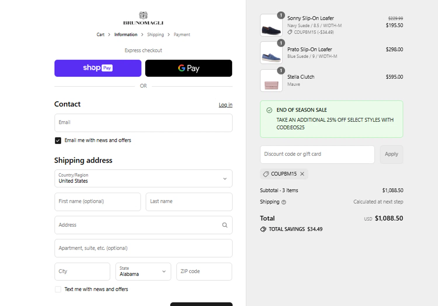Bruno Magli discount code screenshot showing code COUPBM15 applied at Bruno Magli checkout page. Uploaded by SimplyCodes community member ylenisjordan on Jul 19, 2025