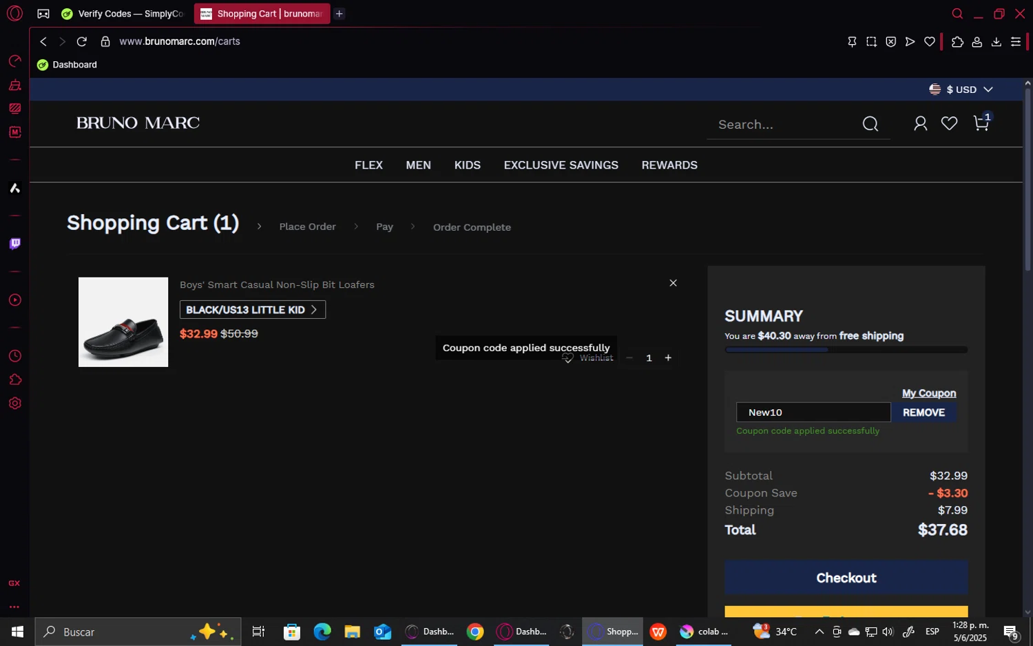 Bruno Marc coupon code screenshot showing code New10 applied at Bruno Marc checkout page. Uploaded by SimplyCodes community member RebateMonarch5014 on Jun 5, 2025