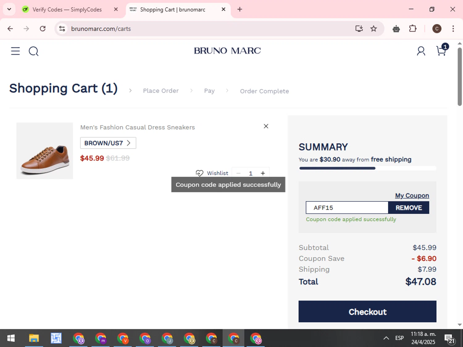 Bruno Marc coupon code screenshot showing code AFF15 applied at Bruno Marc checkout page. Uploaded by SimplyCodes community member WonderCurator7831 on Apr 24, 2025