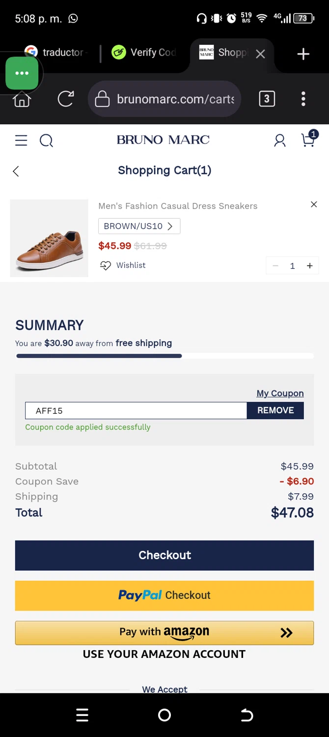 Bruno Marc coupon code screenshot showing code AFF15 applied at Bruno Marc checkout page. Uploaded by SimplyCodes community member yojaisea on Jun 19, 2025