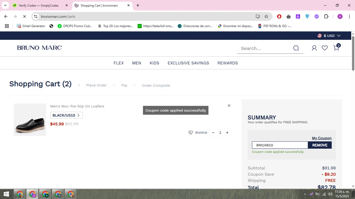 Bruno Marc coupon code screenshot showing code BM1AB10 applied at Bruno Marc checkout page. Uploaded by SimplyCodes community member ARCANGEL on May 15, 2025
