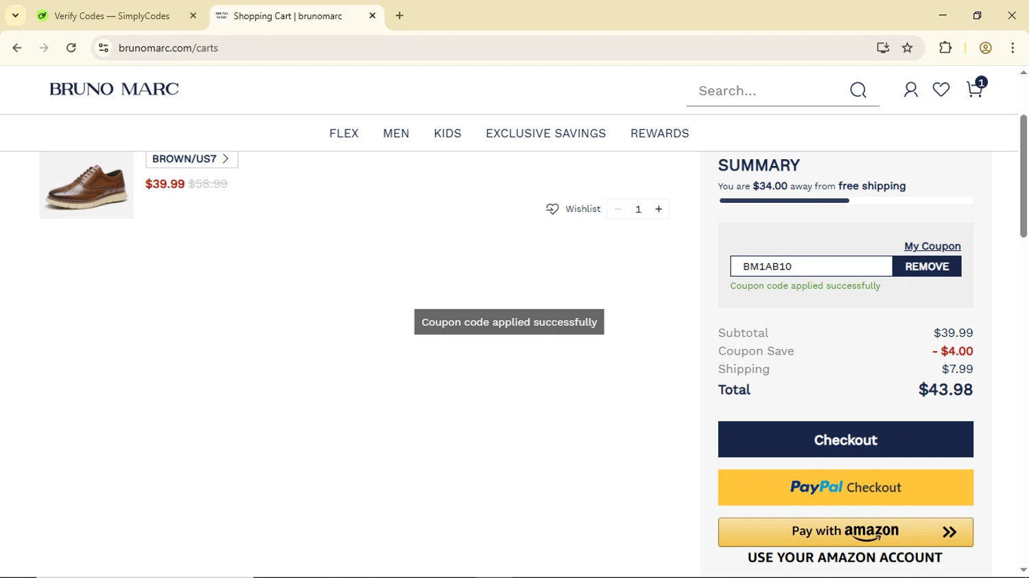 Bruno Marc coupon code screenshot showing code BM1AB10 applied at Bruno Marc checkout page. Uploaded by SimplyCodes community member Luisitoxd12 on Jun 5, 2025