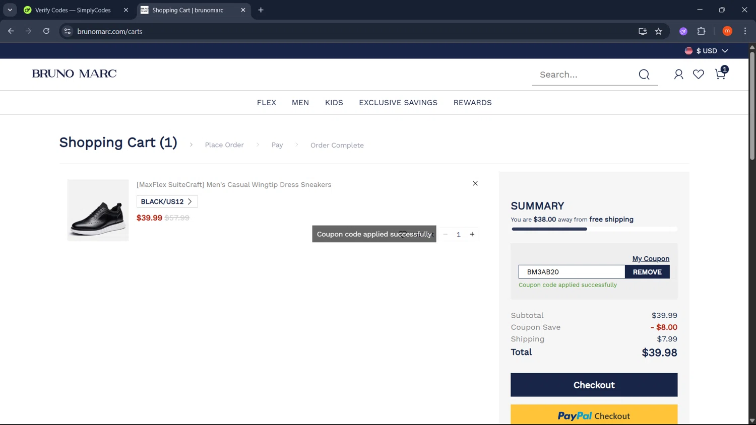 Bruno Marc coupon code screenshot showing code BM3AB20 applied at Bruno Marc checkout page. Uploaded by SimplyCodes community member PromoMonarch895 on Jul 8, 2025