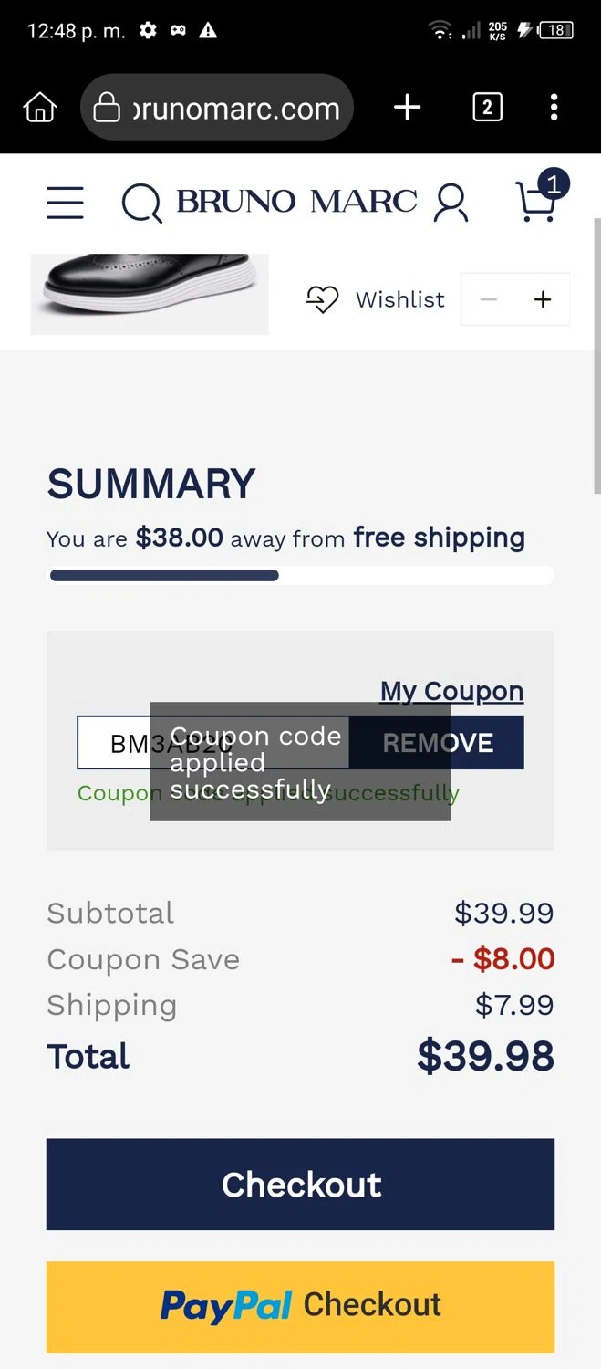 Bruno Marc coupon code screenshot showing code BM3AB20 applied at Bruno Marc checkout page. Uploaded by SimplyCodes community member bauxita on May 22, 2025