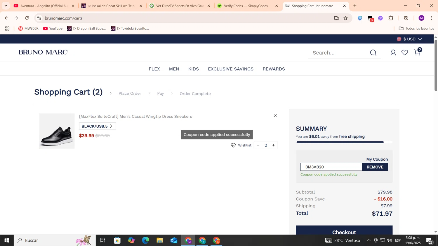 Bruno Marc coupon code screenshot showing code BM3AB20 applied at Bruno Marc checkout page. Uploaded by SimplyCodes community member cod_gakpo on Jun 19, 2025