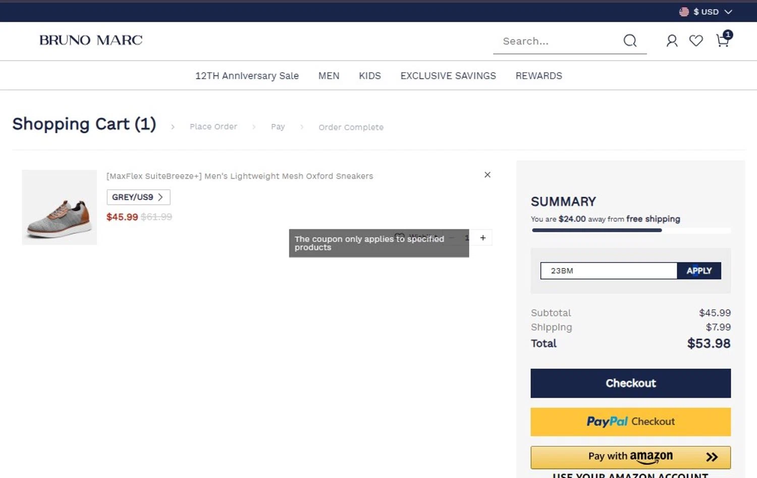 Bruno Marc coupon code screenshot showing code 23BM applied at Bruno Marc checkout page. Uploaded by SimplyCodes community member ScanMaestro644 on Aug 6, 2025