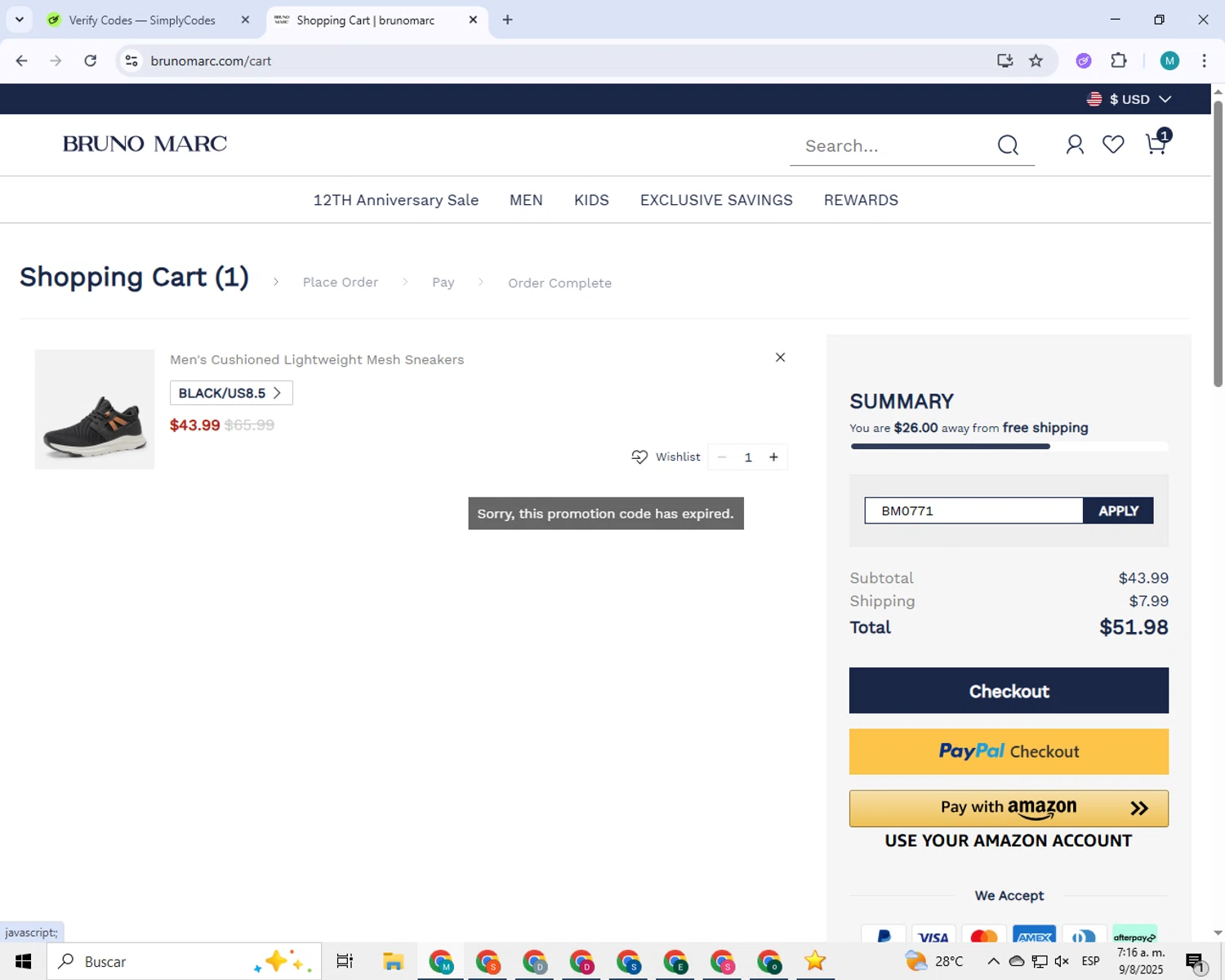 Bruno Marc coupon code screenshot showing code BM0771 applied at Bruno Marc checkout page. Uploaded by SimplyCodes community member BonusLynx6774 on Aug 9, 2025
