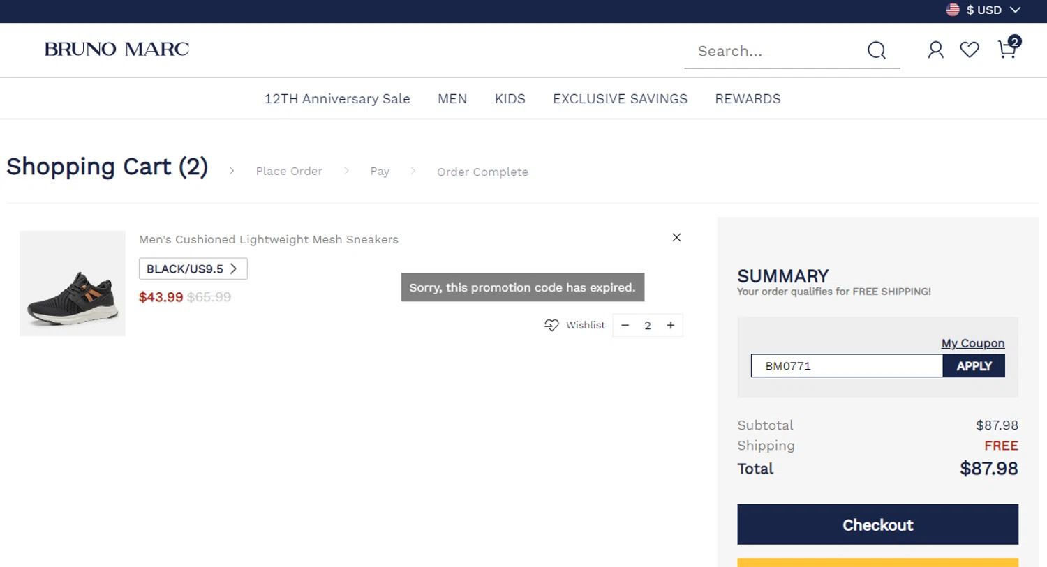 Bruno Marc coupon code screenshot showing code BM0771 applied at Bruno Marc checkout page. Uploaded by SimplyCodes community member Ronald on Aug 9, 2025