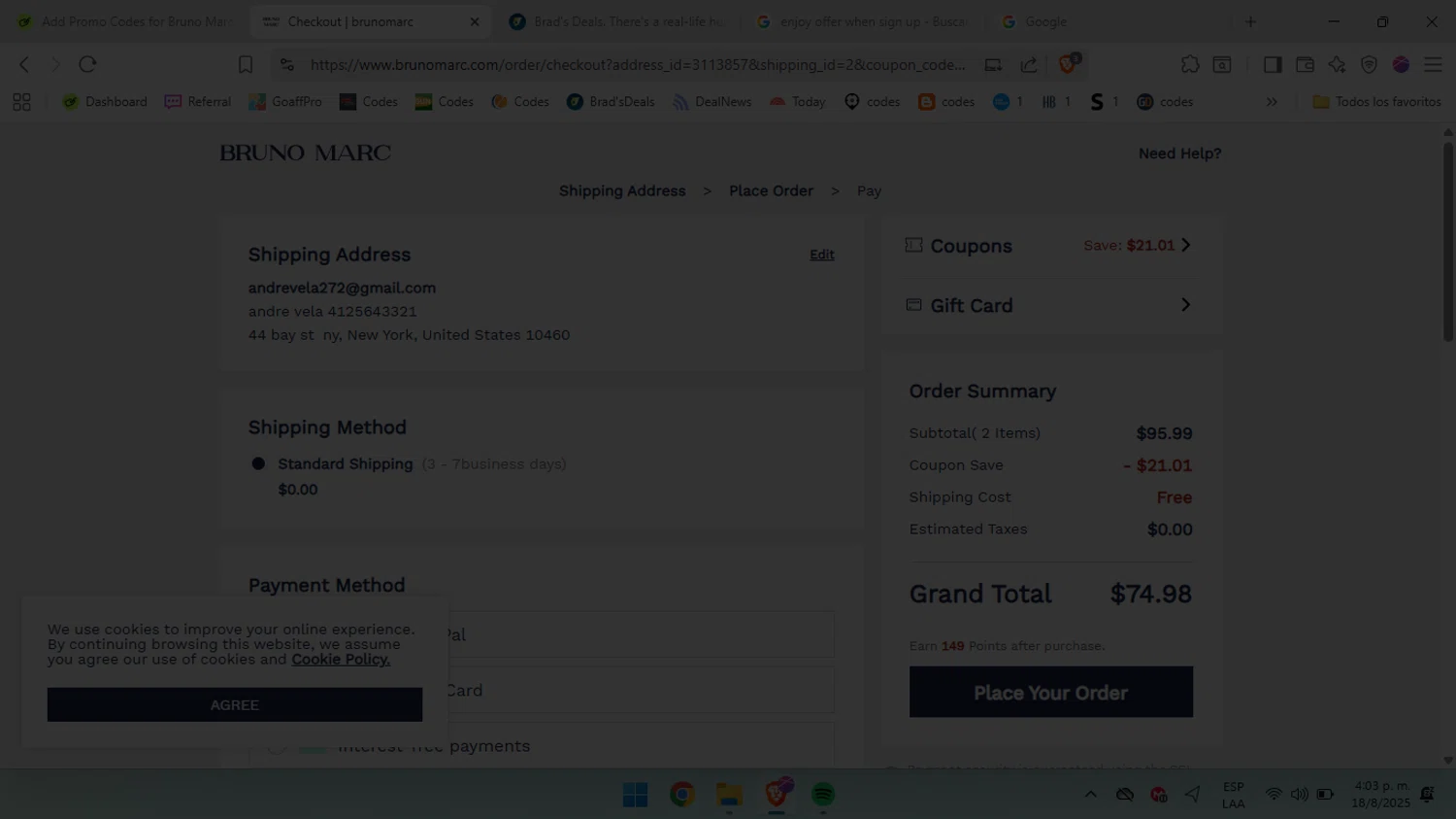 Bruno Marc coupon code screenshot showing code EN05 applied at Bruno Marc checkout page. Uploaded by SimplyCodes community member BabaYaga on Aug 18, 2025