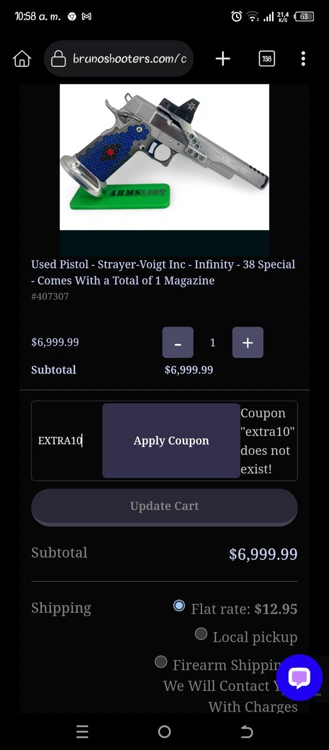 Bruno Shooters promo code screenshot showing code EXTRA10 applied at Bruno Shooters checkout page. Uploaded by SimplyCodes community member Pipina11 on Mar 21, 2025
