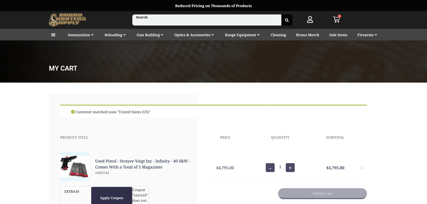 Bruno Shooters promo code screenshot showing code EXTRA10 applied at Bruno Shooters checkout page. Uploaded by SimplyCodes community member SilverPioneer1110 on Mar 21, 2025
