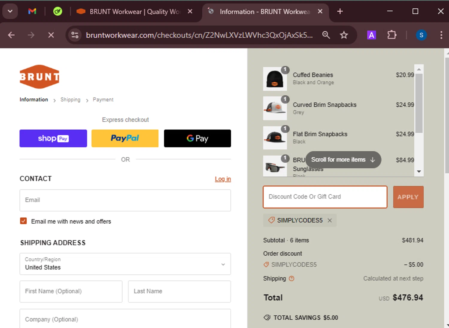 Brunt Workwear discount code screenshot showing code SIMPLYCODES5 applied at Brunt Workwear checkout page. Uploaded by SimplyCodes community member BrandoJose1 on Mar 6, 2025
