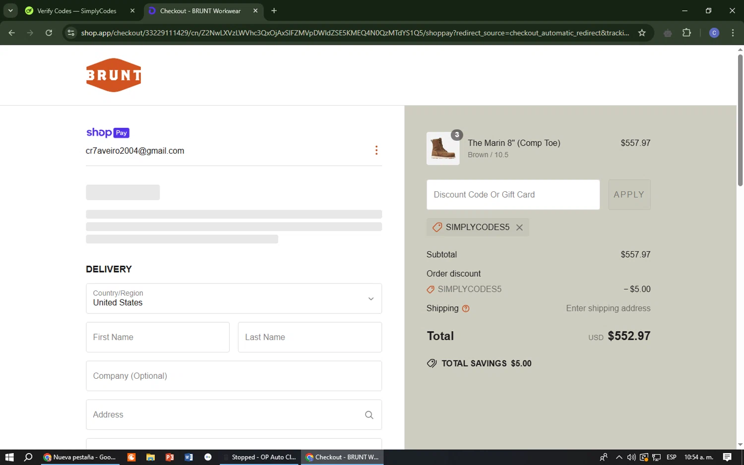 Brunt Workwear discount code screenshot showing code SIMPLYCODES5 applied at Brunt Workwear checkout page. Uploaded by SimplyCodes community member Cr7aveiro on Apr 3, 2025