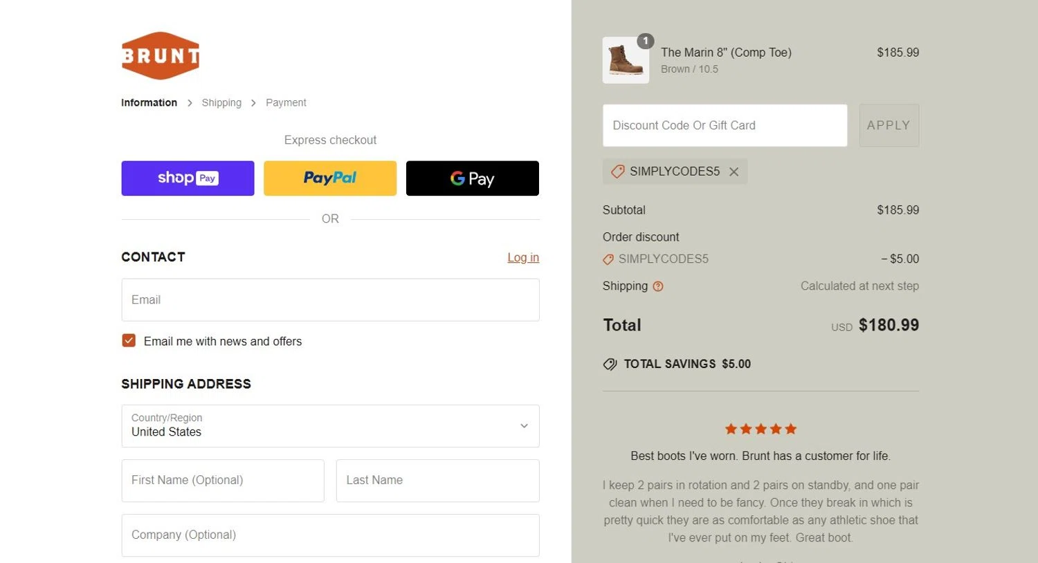 Brunt Workwear discount code screenshot showing code SIMPLYCODES5 applied at Brunt Workwear checkout page. Uploaded by SimplyCodes community member PennyHero5335 on Apr 3, 2025