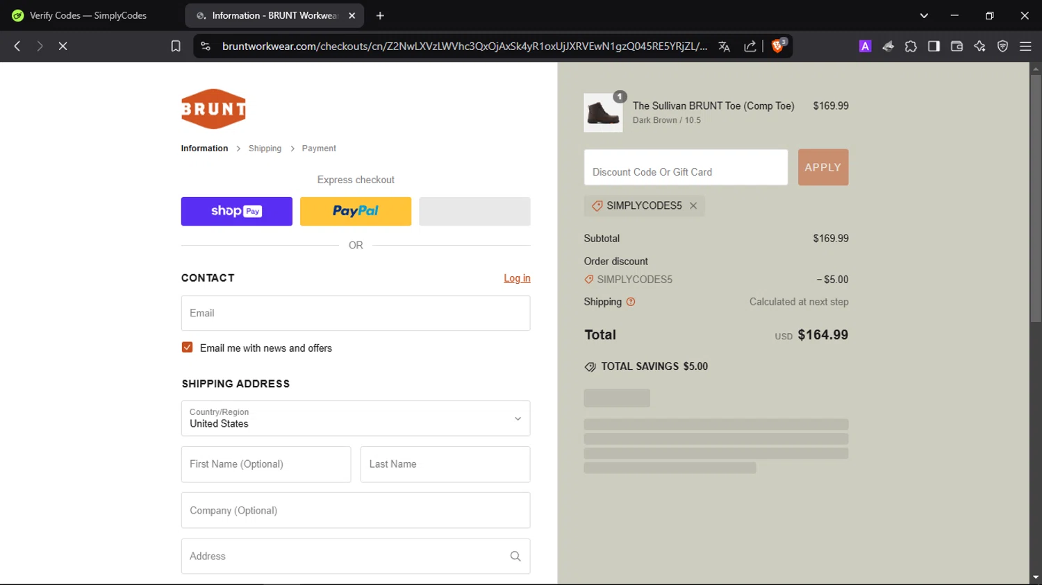 Brunt Workwear discount code screenshot showing code SIMPLYCODES5 applied at Brunt Workwear checkout page. Uploaded by SimplyCodes community member SmartScholar9589 on Feb 27, 2025