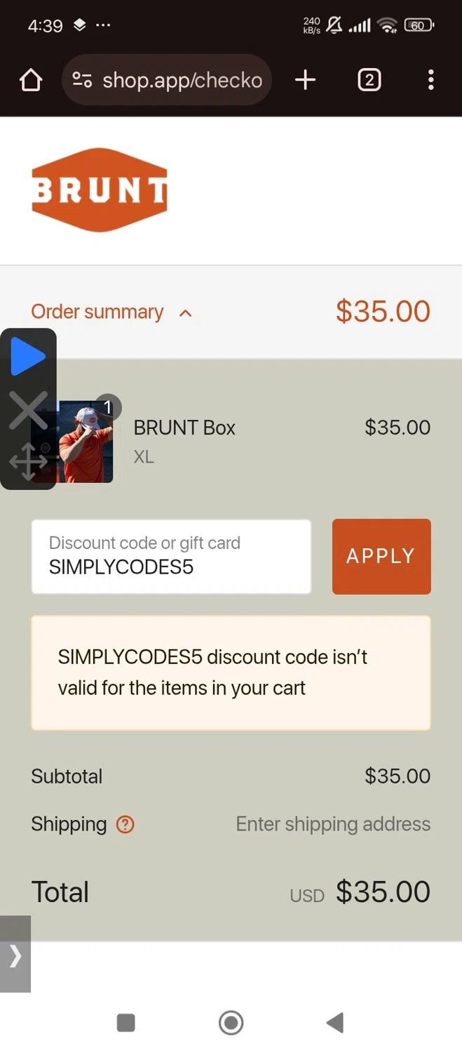Brunt Workwear discount code screenshot showing code SIMPLYCODES5 applied at Brunt Workwear checkout page. Uploaded by SimplyCodes community member Bjhfuhdf on Apr 15, 2025
