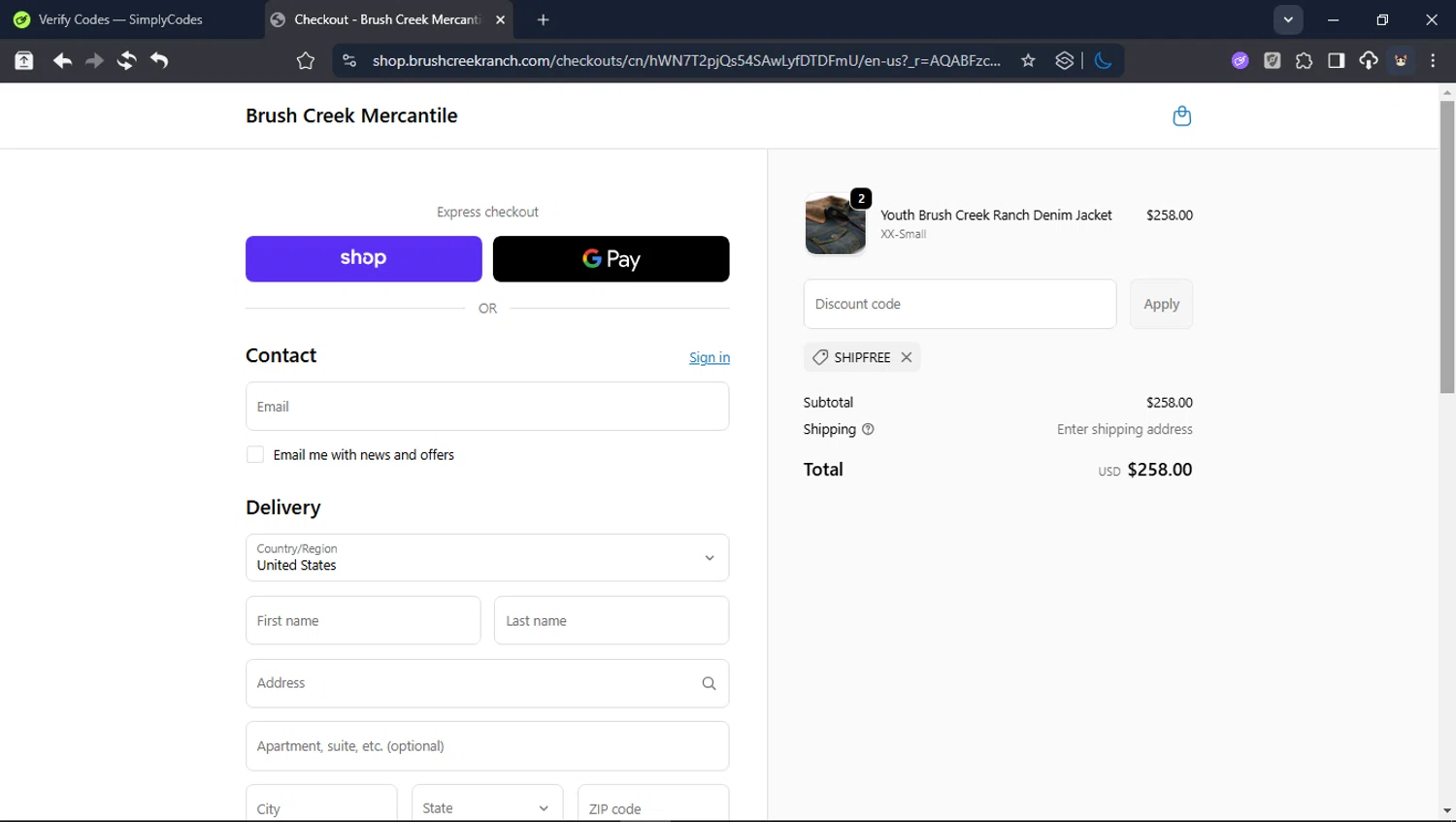 Brush Creek Ranch promo code screenshot showing code SHIPFREE applied at Brush Creek Ranch checkout page. Uploaded by SimplyCodes community member Userr2 on Jan 11, 2026