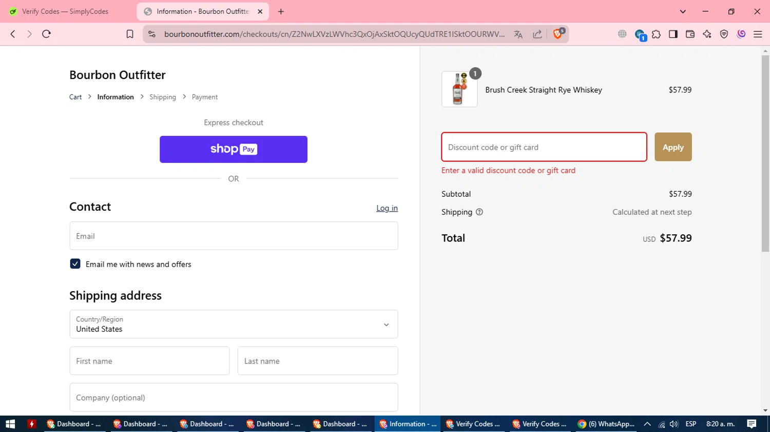 Brush Creek Ranch promo code screenshot showing code SHIPFREE applied at Brush Creek Ranch checkout page. Uploaded by SimplyCodes community member CleverSpotter2858 on Feb 9, 2025