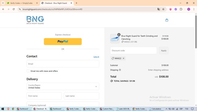 Brux Night Guard checkout page showing Brux Night Guard promo code box | Screenshot taken by SimplyCodes community member on Jul 15, 2025