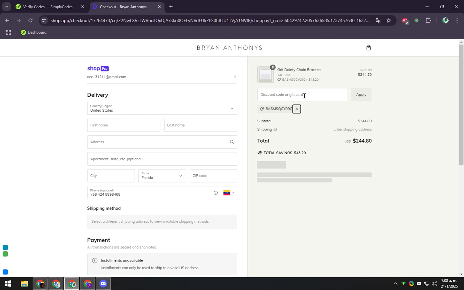 Bryan Anthonys coupon code screenshot showing code BASMSQCY09Q applied at Bryan Anthonys checkout page. Uploaded by SimplyCodes community member ScanGenius949 on Jan 21, 2025