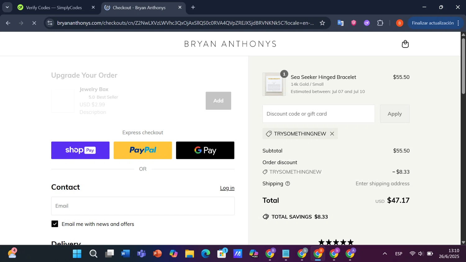 Bryan Anthonys coupon code screenshot showing code TRYSOMETHINGNEW applied at Bryan Anthonys checkout page. Uploaded by SimplyCodes community member PrimeShopper9739 on Jun 26, 2025