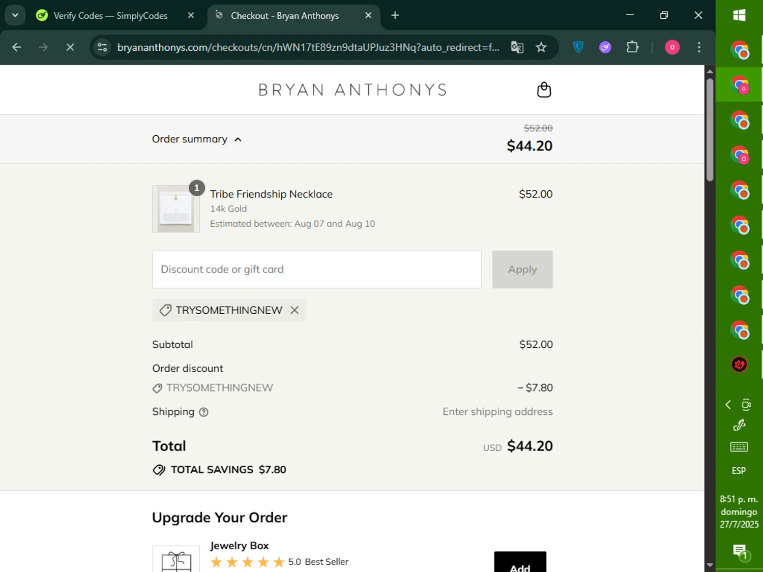 Bryan Anthonys coupon code screenshot showing code TRYSOMETHINGNEW applied at Bryan Anthonys checkout page. Uploaded by SimplyCodes community member RebateNavigator926 on Jul 28, 2025