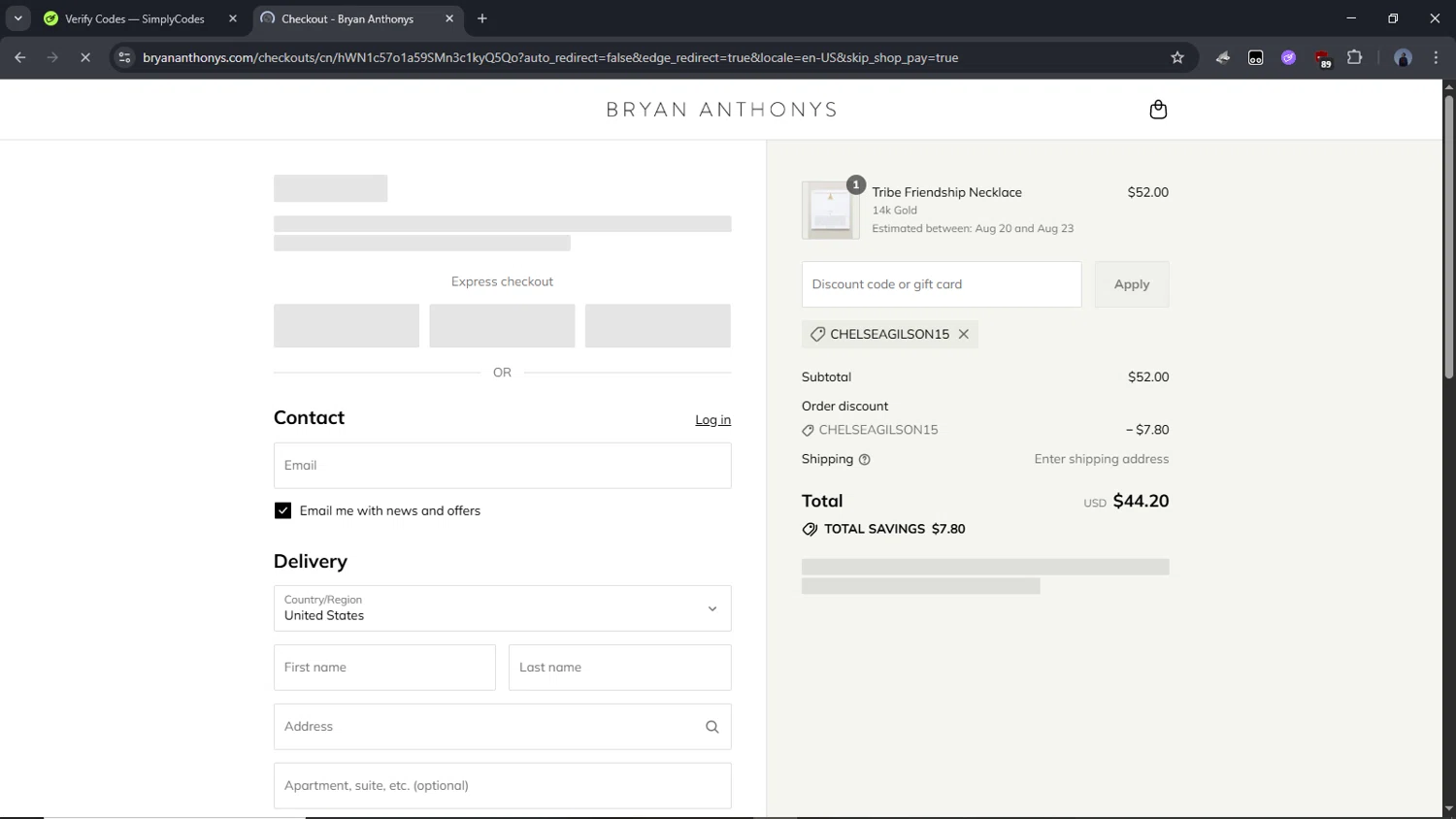 Bryan Anthonys coupon code screenshot showing code CHELSEAGILSON15 applied at Bryan Anthonys checkout page. Uploaded by SimplyCodes community member Time_sin_filtro on Aug 9, 2025