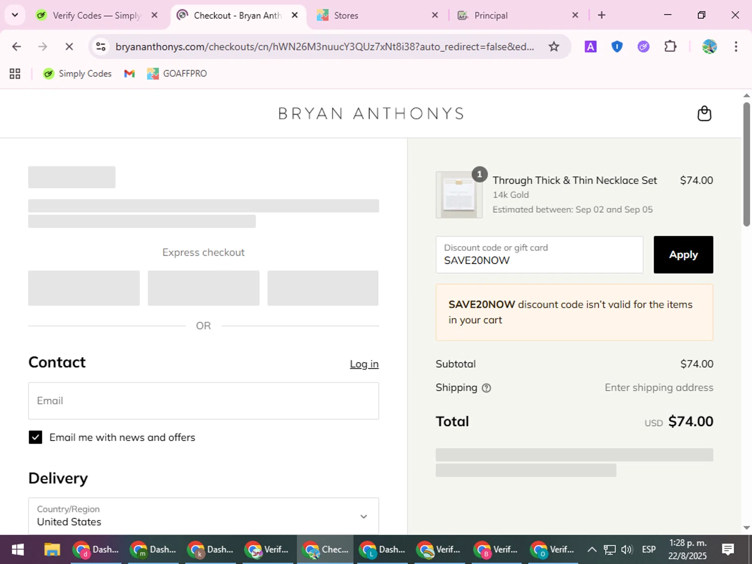 Bryan Anthonys coupon code screenshot showing code SAVE20NOW applied at Bryan Anthonys checkout page. Uploaded by SimplyCodes community member ShrewdSpotter4101 on Aug 22, 2025