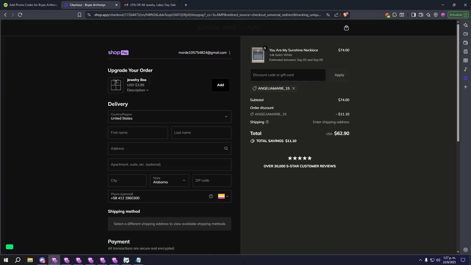 Bryan Anthonys coupon code screenshot showing code ANGELIAMARIE_15 applied at Bryan Anthonys checkout page. Uploaded by SimplyCodes community member SpeeDFast on Aug 22, 2025
