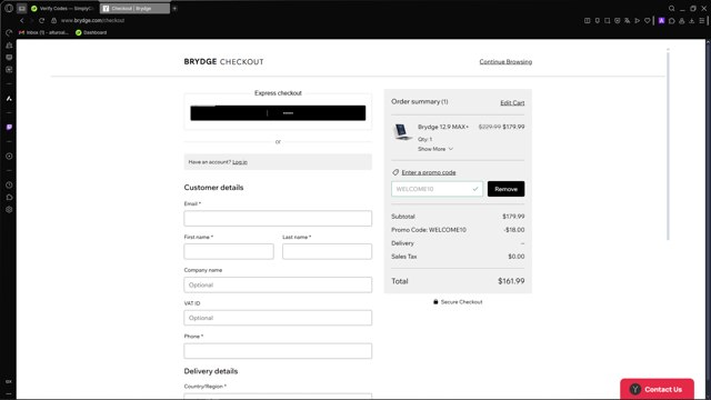 Brydge checkout page showing Brydge promo code box | Screenshot taken by SimplyCodes community member on Jul 19, 2025