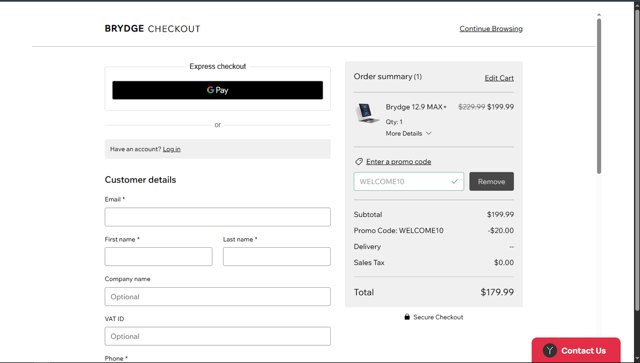 Brydge checkout page showing Brydge promo code box | Screenshot taken by SimplyCodes community member on Jun 13, 2025