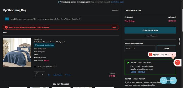BrylaneHome checkout page showing BrylaneHome coupon code box | Screenshot taken by SimplyCodes community member on Sep 2, 2025