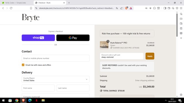 Bryte Sleep checkout page showing Bryte Sleep promo code box | Screenshot taken by SimplyCodes community member on Jul 26, 2025