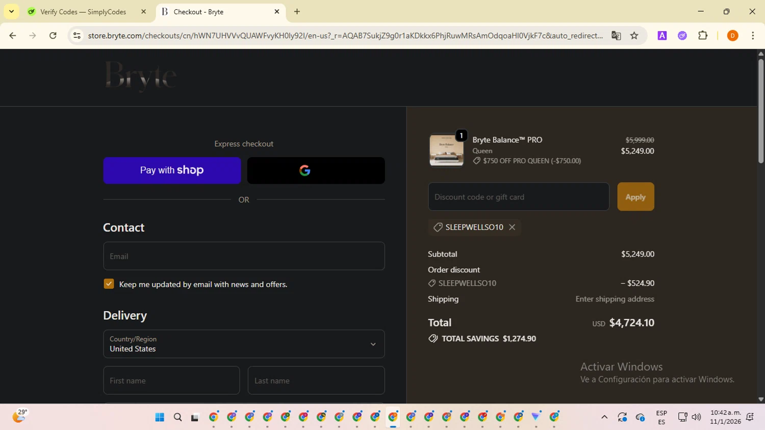 Bryte Sleep promo code screenshot showing code SLEEPWELLSO10 applied at Bryte Sleep checkout page. Uploaded by SimplyCodes community member SavingsMaverick3203 on Jan 11, 2026