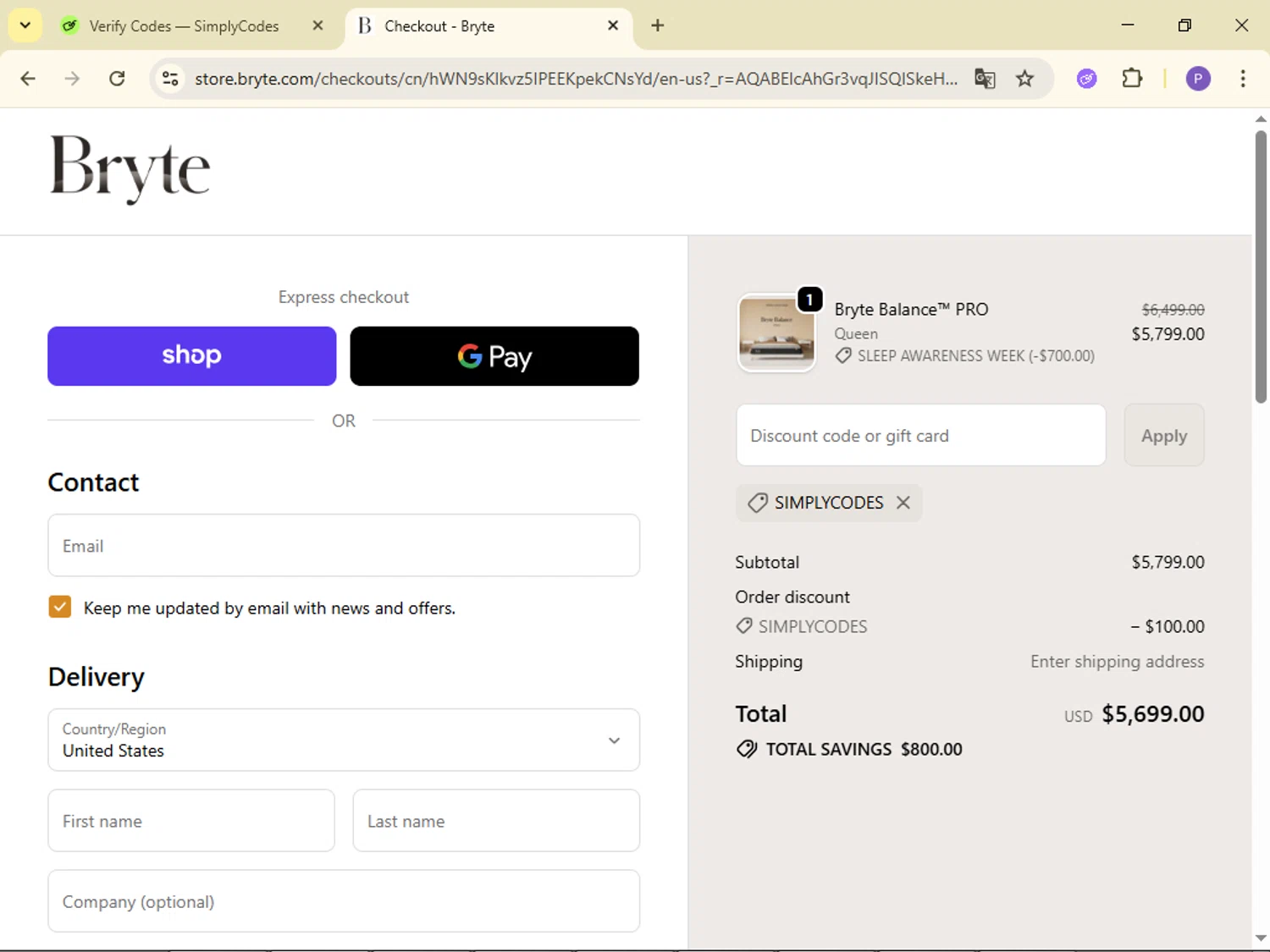 Bryte Sleep promo code screenshot showing code SIMPLYCODES applied at Bryte Sleep checkout page. Uploaded by SimplyCodes community member FortunateLion8466 on Mar 15, 2026