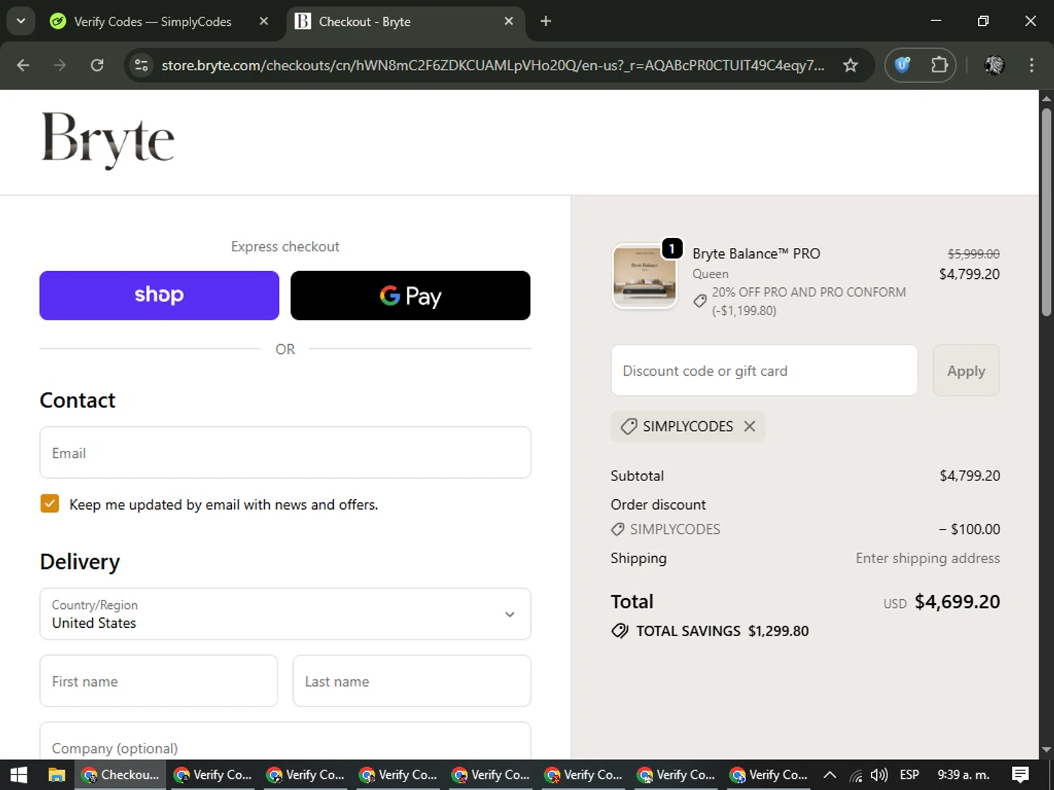 Bryte Sleep promo code screenshot showing code SIMPLYCODES applied at Bryte Sleep checkout page. Uploaded by SimplyCodes community member PrimeKnight6101 on Feb 14, 2026
