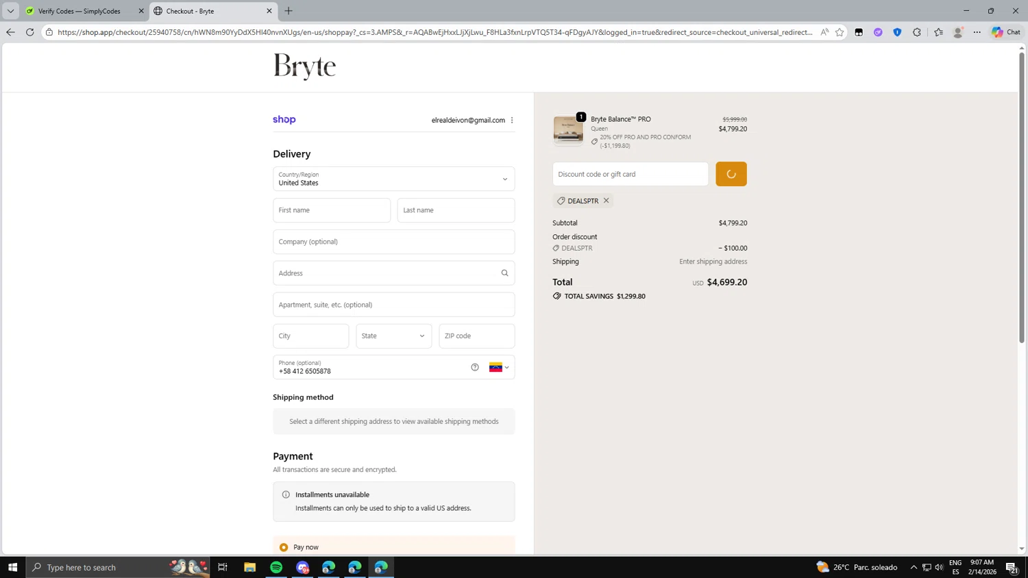 Bryte Sleep promo code screenshot showing code DEALSPTR applied at Bryte Sleep checkout page. Uploaded by SimplyCodes community member KENDORE2 on Feb 14, 2026