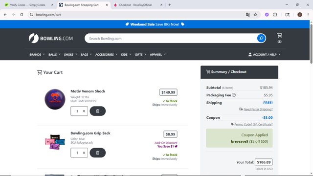 Bowling.com checkout page showing Bowling.com promo code box | Screenshot taken by SimplyCodes community member on Jun 28, 2025