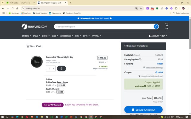 Bowling.com checkout page showing Bowling.com promo code box | Screenshot taken by SimplyCodes community member on Aug 2, 2025