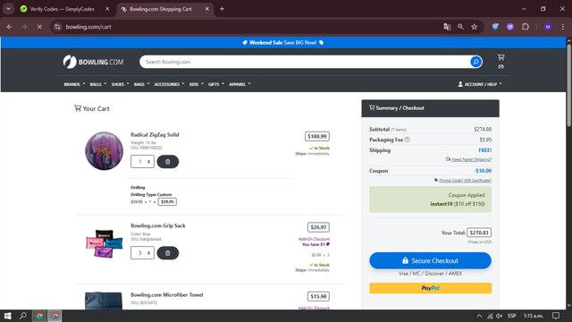Bowling.com checkout page showing Bowling.com promo code box | Screenshot taken by SimplyCodes community member on Jun 28, 2025