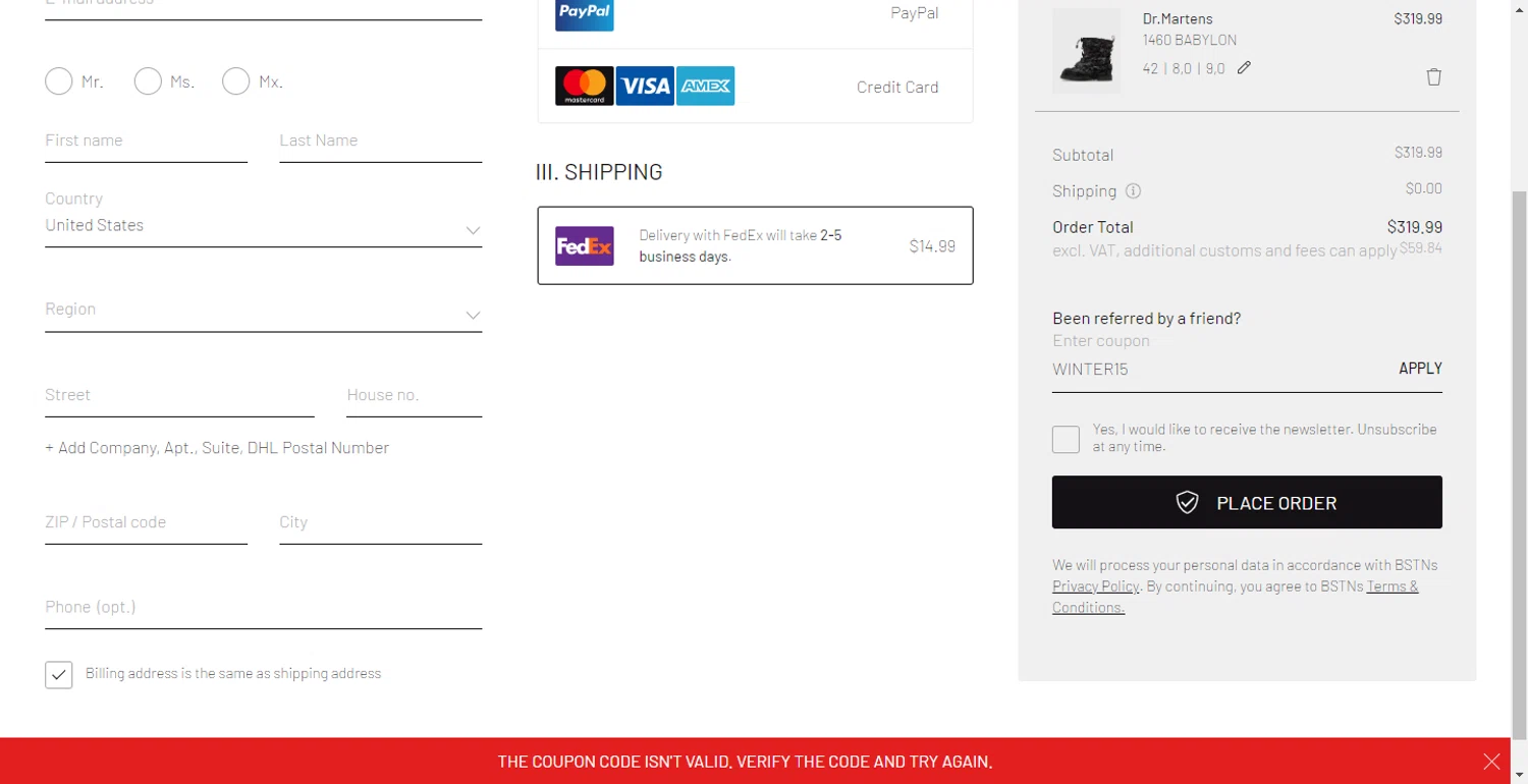 BSTN coupon code screenshot showing code WINTER15 applied at BSTN checkout page. Uploaded by SimplyCodes community member BonusFox1297 on Dec 6, 2025