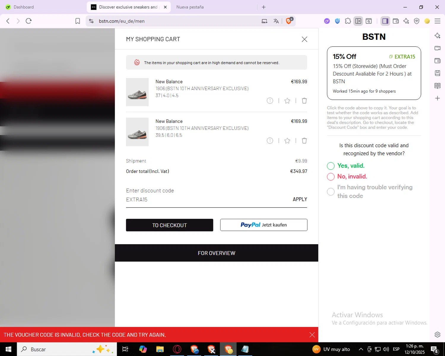 BSTN coupon code screenshot showing code EXTRA15 applied at BSTN checkout page. Uploaded by SimplyCodes community member OsielNiconico on Oct 12, 2025
