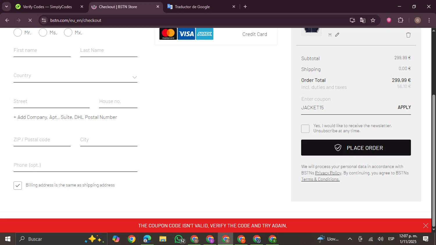 BSTN coupon code screenshot showing code JACKET15 applied at BSTN checkout page. Uploaded by SimplyCodes community member BrilliantTracker4207 on Nov 1, 2025