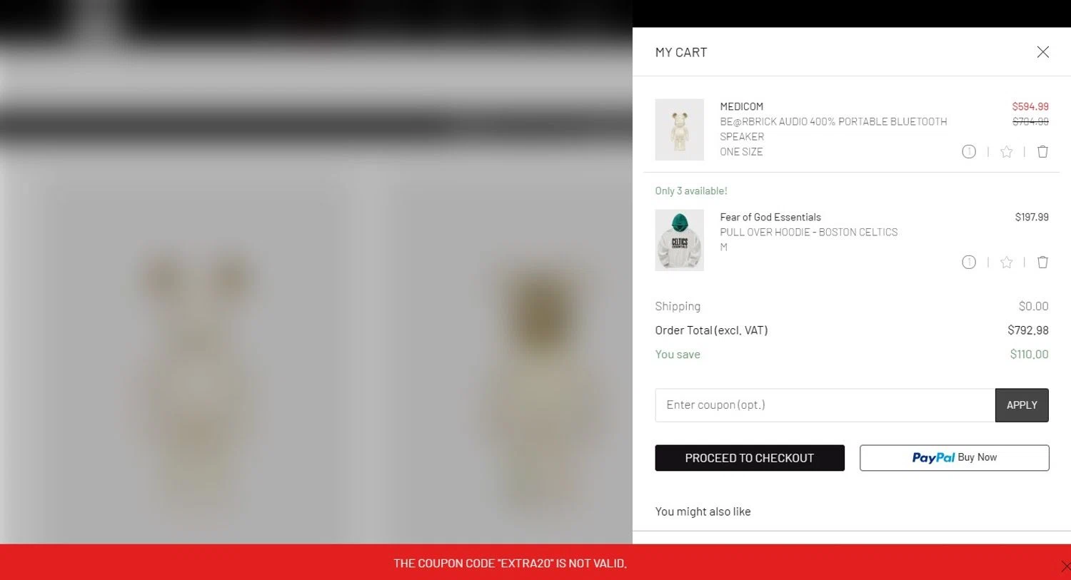 BSTN coupon code screenshot showing code EXTRA20 applied at BSTN checkout page. Uploaded by SimplyCodes community member Alydrop on Feb 20, 2025