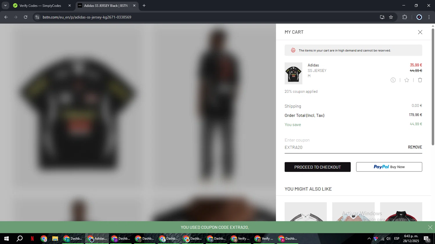BSTN coupon code screenshot showing code EXTRA20 applied at BSTN checkout page. Uploaded by SimplyCodes community member RoyalBoss4384 on Dec 28, 2025