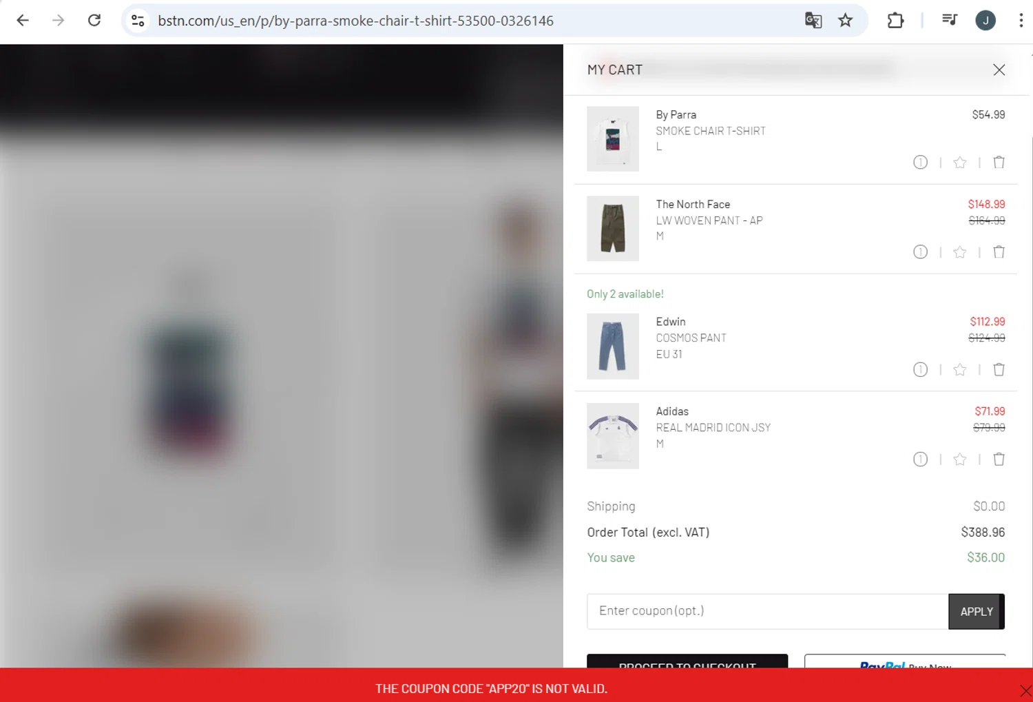 BSTN coupon code screenshot showing code APP20 applied at BSTN checkout page. Uploaded by SimplyCodes community member BB9542251456527 on Jul 29, 2025